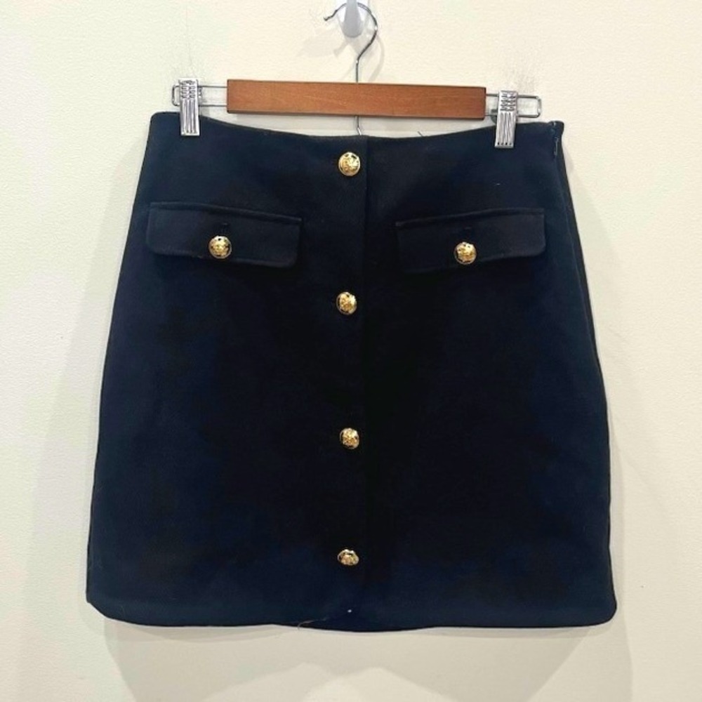 LOFT Black Wool Mini Skirt 2 Gold Button Preppy Academic Dark Academia Military